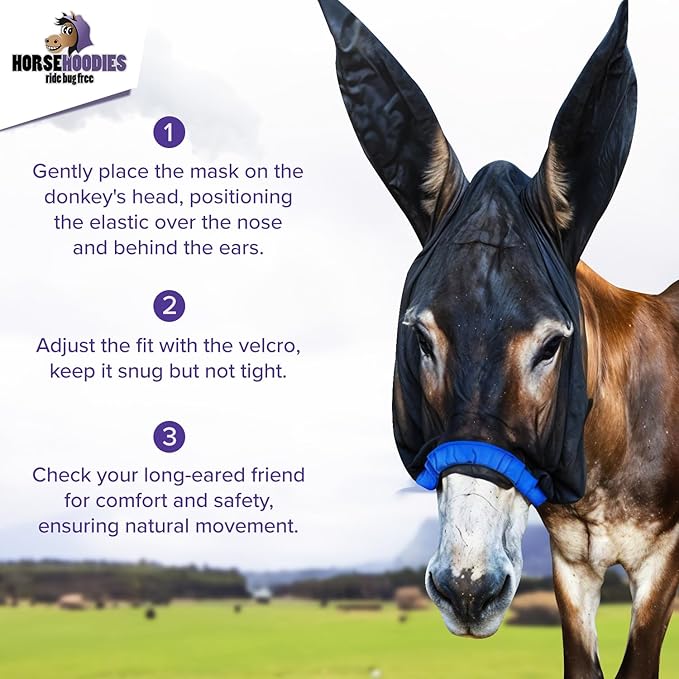 Donkey Fly Mask with Long Ears (Aqua) Half Hoodie for Standard Donkey, Made in USA - Mule Fly Mask with Ears Protection from Insects and Bugs, Face Cover Soft Mesh Fabric with Adjustable Fastener