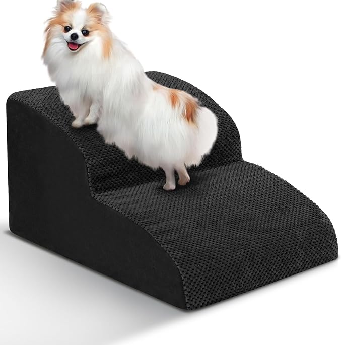 Dog Stairs for Small Dogs - High Density Foam Pet Steps, Extra Wide Dog Ramp with Non-Slip Bottom for High Beds, Couch and Sofa, Best for Dogs Injured, Older Doggy Cats,2 Steps, Black
