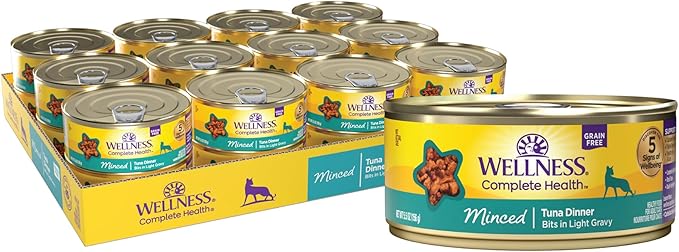 Wellness Complete Health Minced Adult Wet Cat Food, Natural, Protein-Rich, Grain Free, 5.5 Ounce, 24 Pack, (Tuna Entrée)