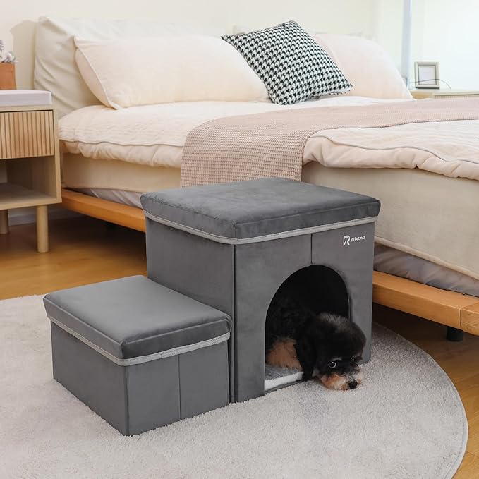 Foldable Pet Stairs for Beds & Sofas - Non-Slip Dog Steps with Storage for Small to Medium Dogs & Cats, Supports up to 120 lbs - Durable 2 & 3-Step Doggie Ladder for Easy Access