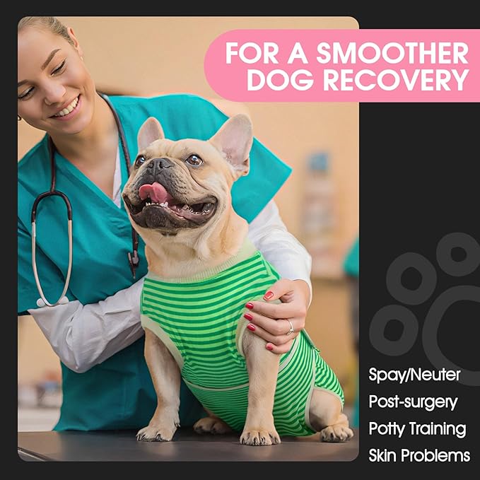 FUAMEY Dog Recovery Suit Male,Dogs Surgery Neuter Suits Puppy Spay Shirts for Female Protect Dog's Skin Anti Licking Abdominal Wounds Doggie Onesie Pet Bodysuit Alternative to Cone Green Stripes XS
