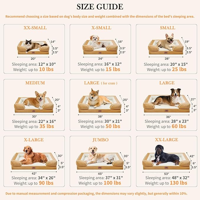 Comfort Expression XXL Orthopedic Dog Bed, Waterproof Dog Beds for Extra Large Dogs, Washable Pet Sofa Couch with Removable Cover & Non-Slip Bottom(XX-Large,Khaki)