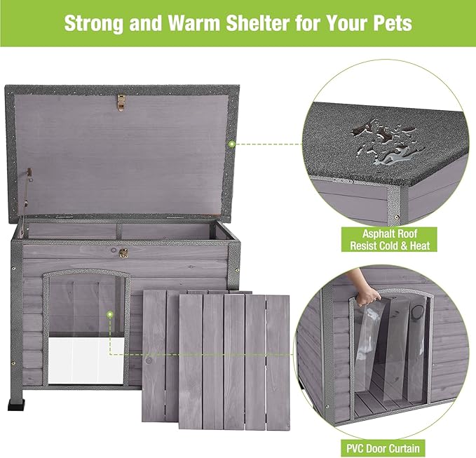 GUTINNEEN Chew Proof Dog House with Metal Iron Frame Outdoor Dog Kennel for Small Medium Large Indoor Dog Cage (43.3" L,Grey Color)