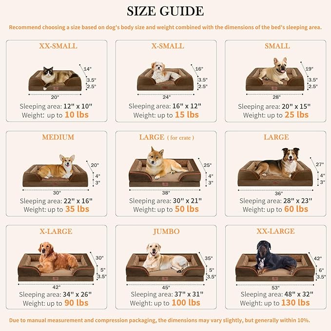 Comfort Expression Memory Foam Dog Beds, Washable Dog Bed Jumbo Breed, Orthopedic Dog Bed Waterproof Pet Sofa Couch with Bolster & Removable Cover(Jumbo,Khaki Brown)