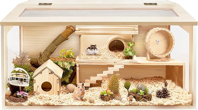 Prolee Hamster Cage Chewproof Wood, Mice and Rat Habitat Openable Top with Acrylic Sheets Solid Built, Small Animal Cage, 40 Inch Length