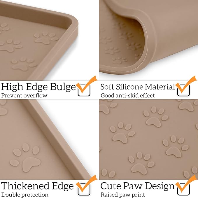 Ptlom Dog Food Mat Anti-Slip Pet Bowl Mats for Food and Water, High-Lips Pet Placemat Prevent Messy Spills to Floor, Waterproof Puppy Feeding Tray for Small, Medium Large Dogs Cats, Silicone