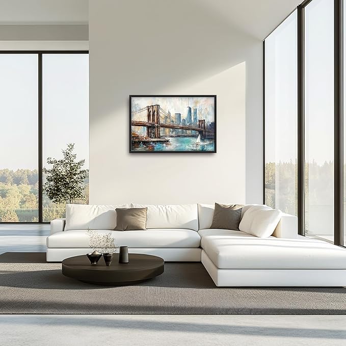 Extra Large Framed Brooklyn Bridge Wall Art,New York City Wall Decor,Abstract Skyline Cityscape Pictures for Living Room,Canvas Print Painting Modern Artwork Bedroom Office Bathroom 36L x24W
