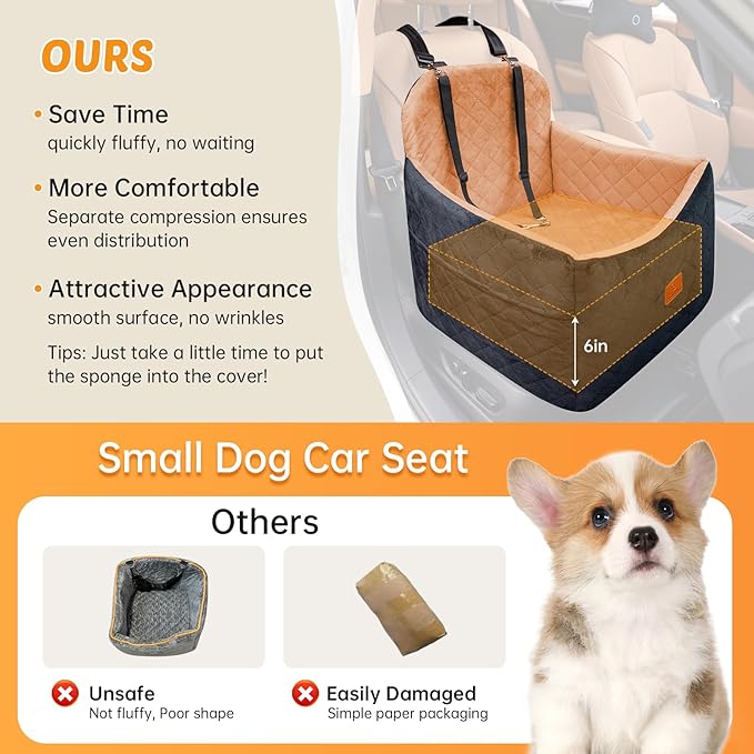 Dog Car Seats for Small/Medium Dogs, FurFrolic Memory Foam Dog Booster Seat for Small Dogs up to 35 lbs, Travel Pet Car Seat with Washable Detachable Cover, Storage Pockets, 2 Safety Belt, Black Brown