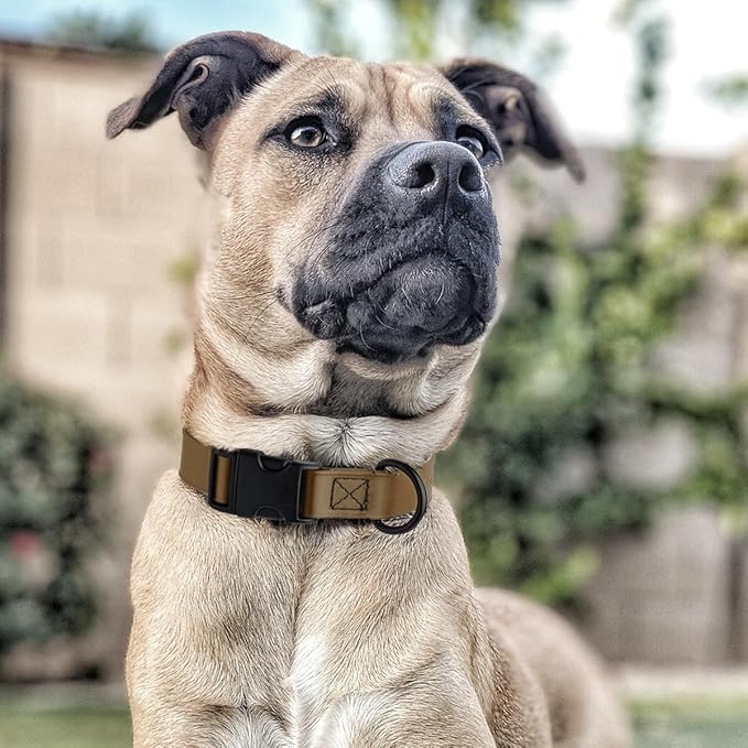 Dogline Biothane Waterproof Dog Collar with Quick Release Buckle Strong Coated Nylon Webbing with Odor- Proof for Easy Care Easy to Clean Fits Small Medium Large Dogs, Coyote Brown 1" W 15-25" L