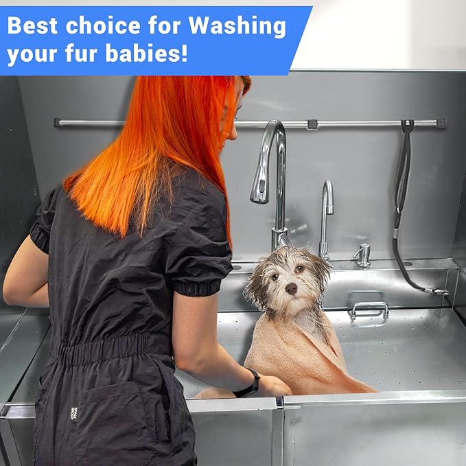 50" Dog Washing Station, Professional Stainless Steel Pet Dog Bathing Station with Ramp, Faucet, Storage Drawer, Floor Grate Dog Bathtub for Large, Medium, Small Pets (Left Ramp)