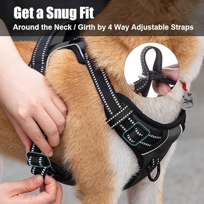 PoyPet No Pull Dog Harness, Reflective Comfortable Vest Harness with Front & Back 2 Leash Attachments and Easy Control Handle Adjustable Soft Padded Pet Vest for Small to Large Dogs (Black,XL)