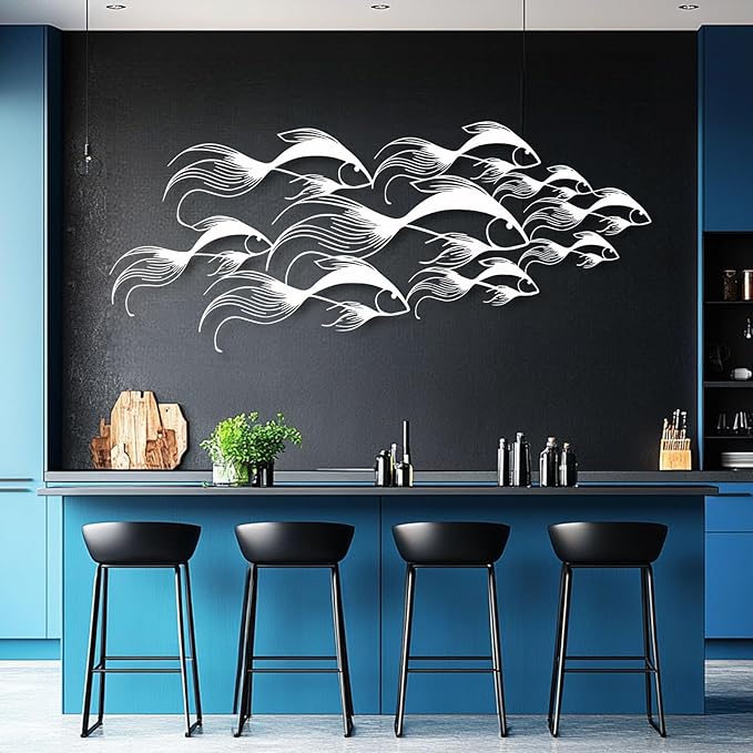 School of Fish Metal Wall Art, Metal Fish Wall Decor, Sea Life Wall Art, Large Nautical Wall Hanging, Modern Beach House Wall Decor, Ocean Themed Artwork for Bathroom (Gold, 53"x22" | 135x57cm)