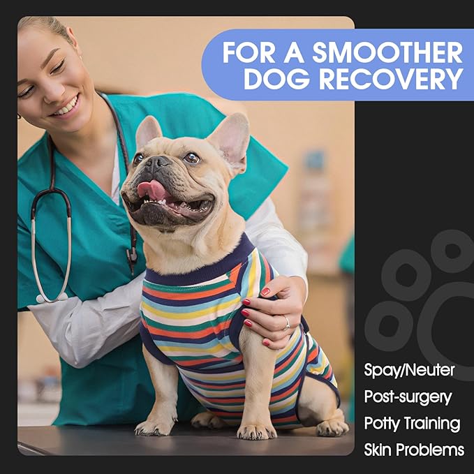 FUAMEY Recovery Suit for Dogs After Surgery,Soft Breathable Dog Bodysuit E-Collar & Cone Alternative Surgical Suit,Male Female Dog Neuter Spay Suits Anti Licking Wounds Onesie Dark Blue Stripes M