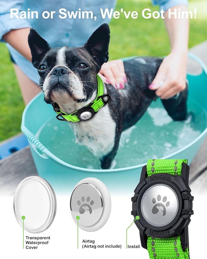 TagME Airtag Dog Collar,Waterproof Reflective Pet Collar with Airtag Holder,Soft Padded and Double D-Rings for Puppy,Green