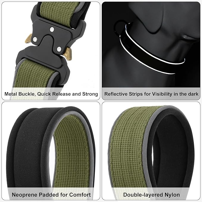 Plutus Pet Tactical Dog Collar, Reflective, Adjustable Heavy Duty Dog Collar, Soft Padded and Comfortable, for Small Medium and Large Dogs (Ranger Green, M)