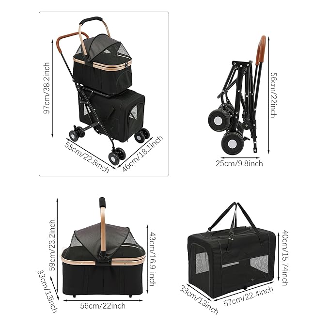 Foldable Pet Stroller for Small & Medium Dogs, Double Dog & Cat Stroller with 3-in-1 Travel System, Detachable Pet Carrier with Wheels for Cats and Dogs up to 77 lbs, Black
