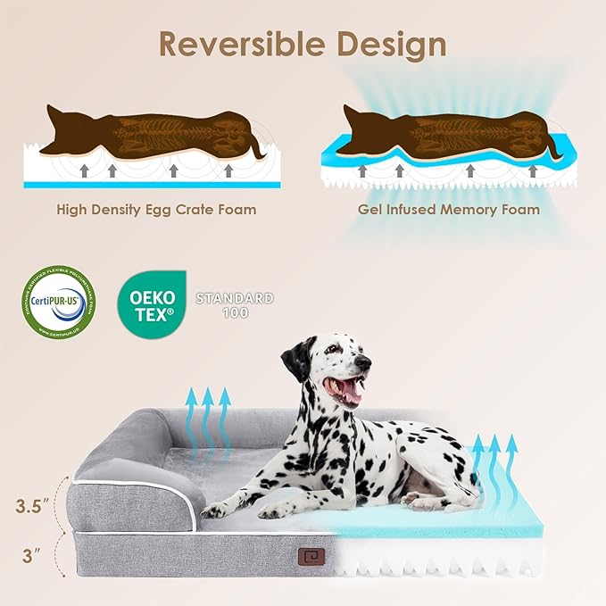 EHEYCIGA Orthopedic Dog Beds for Extra Large Dogs, Waterproof Memory Foam XXL Pet Bed with Sides, Non-Slip Bottom and Egg-Crate Foam Big Dog Couch Bed with Washable Removable Cover, Grey