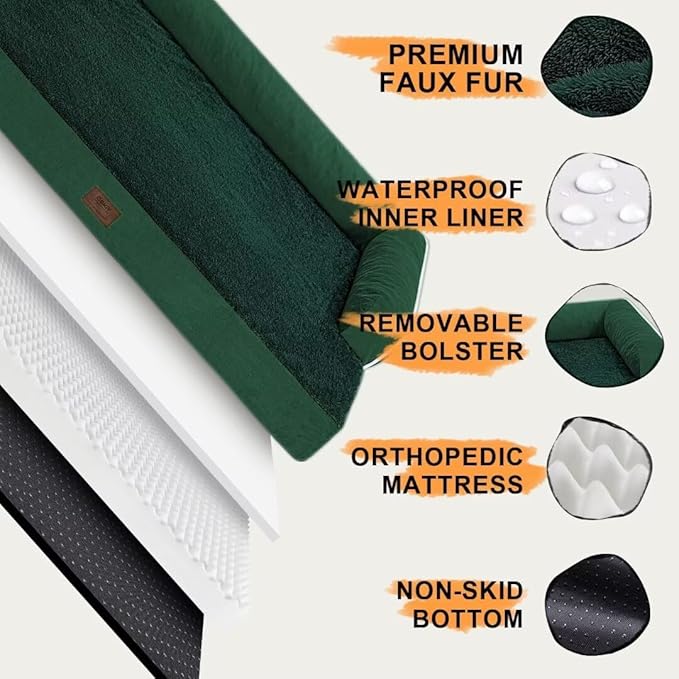Large Dog Bed Orthopedic Washable Extra XXXLarge Big Dog Bed with Washable Bolster & Memory Foam Couch Sofa - Waterproof with Removable Cover - Emerald