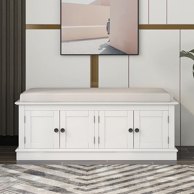 Storage Bench with 4 Doors and Adjustable Shelves, Shoe Bench with Removable Cushion for Living Room, Entryway 42.7" L x 16" W x 17.4" H (White)