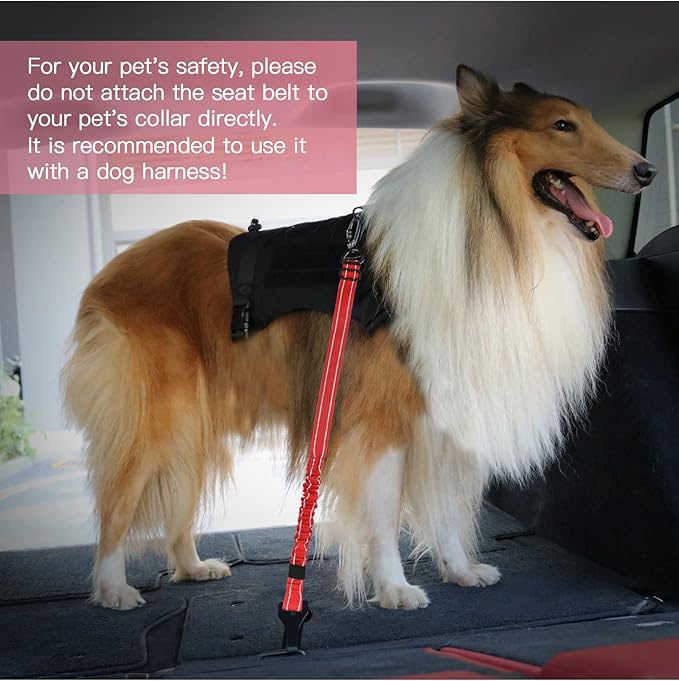 AUBELL Dog Seat Belt for Car,2 Pack Set 3-in-1 Adjustable Reflective Bungee Heavy Duty Dog Car Harness Tether with Clip Hook Latch & Buckle,Swivel Zinc Alloy Carabiner,Black+Red
