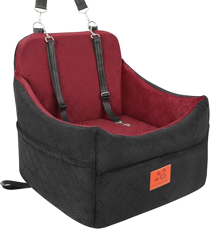 Dog Car Seat for Small/Medium Dogs, Dog Booster Car Seats with Thick Cushion for Dogs Under 35lbs, Detachable Washable Pet Car Seat with Storage Pockets, 2 Safety Belts(Black/Red)