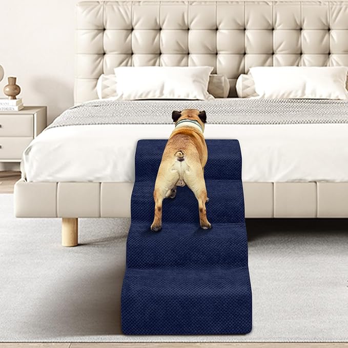 Dog Stairs for Small Dogs - High Density Foam Pet Steps, Extra Wide Dog Ramp with Non-Slip Bottom for High Beds, Couch and Sofa, Best for Dogs Injured, Older Doggy Cats, 4 Steps, Navy