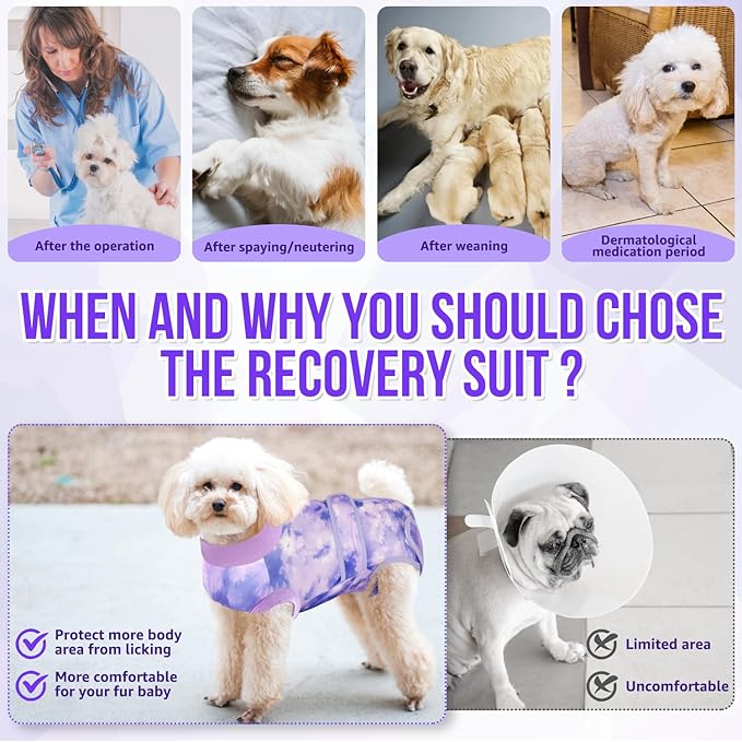 Lukovee Recovery Suit for Dogs, Zipper On Recovery Suit for Female Male Dog, Onesie Abdominal Wounds Cone E-Collar Alternative Prevent Licking Spay Recovery Suit (Medium, Purple Tie-dye)