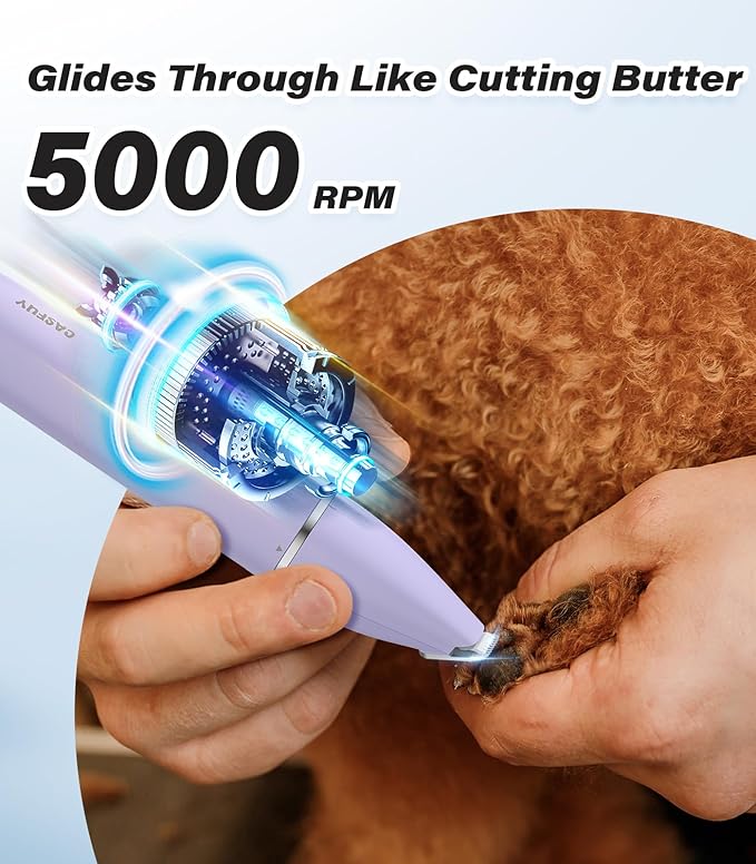 Casfuy Cordless Dog Paw Trimmer - Low Noise Small Dog Clippers with Double Blades USB Rechargeable Grooming Clipper for Dogs Cats and Small Pets for Trimming Hair Around Paws, Eyes, Ears, Face, Rump