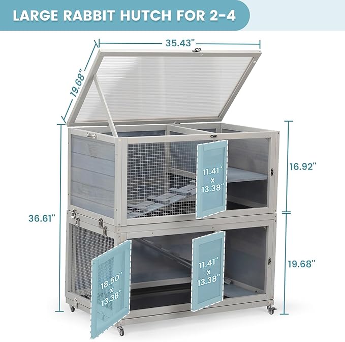 Weatherproof Wooden Rabbit Hutch for Indoor Outdoor Use, 2 Story Bunny Cage House with Wheels, Small Animal Shelter with Pull Out Tray, Non-Slip Ramp, Chicken Coop, Pet House Guinea Pigs Quail