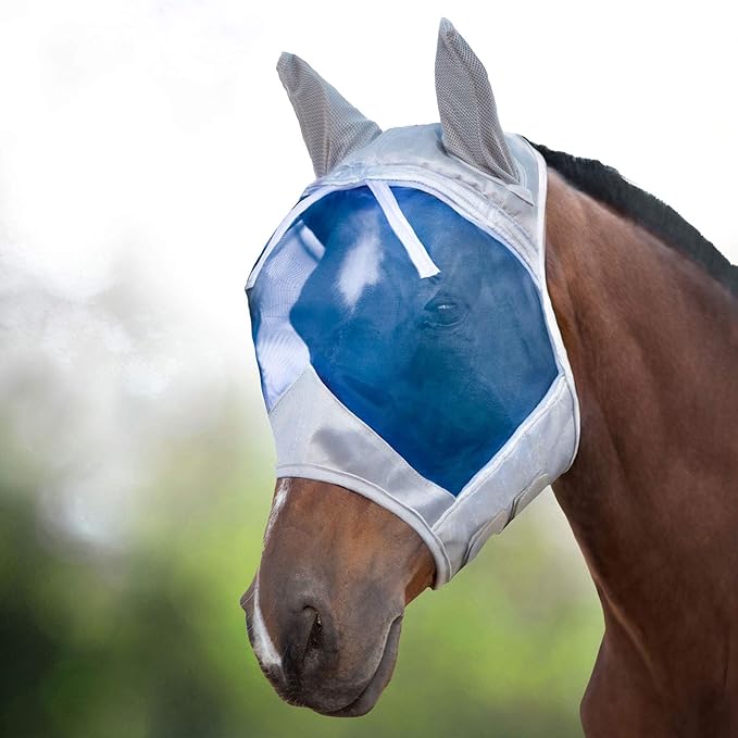 Harrison Howard CareMaster Horse Fly Mask Half Face with Ears Silver/Blue Retro Small Pony