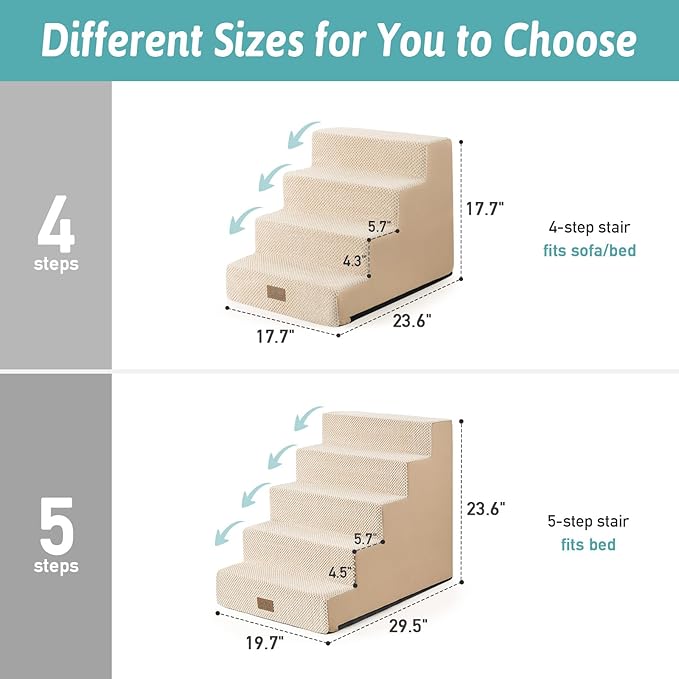 Dog Stairs for Small Dogs, 5 Tier Wider Pet Stairs for High Beds, 23.6" H Non-Slip Dog Steps for Old Cats, Puppies, Small Medium Dogs, 29.5x19.7x23.6 inch, Beige