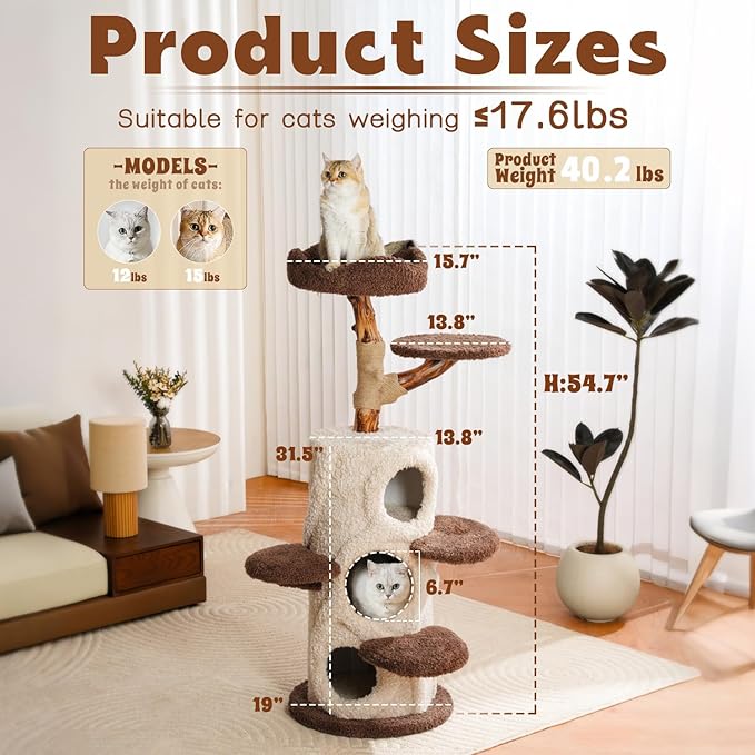 Luxury Treehouse Cat Tree for Indoor Large Cats,54.7'' Tall Modern Wood Cat Tower with 3 Level House,4*Cozy Perch,1*Soft Viewing Bed,Heavy Duty Wide Base,Sisal Scratching Post (54.7inch)