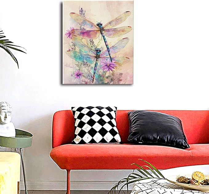 Dragonfly Bathroom Pictures Wall Art, Floral Bathroom Wall Decor, Framed Painting Canvas Artwork for Bedroom Living Room Decorations 24"L x 20"W