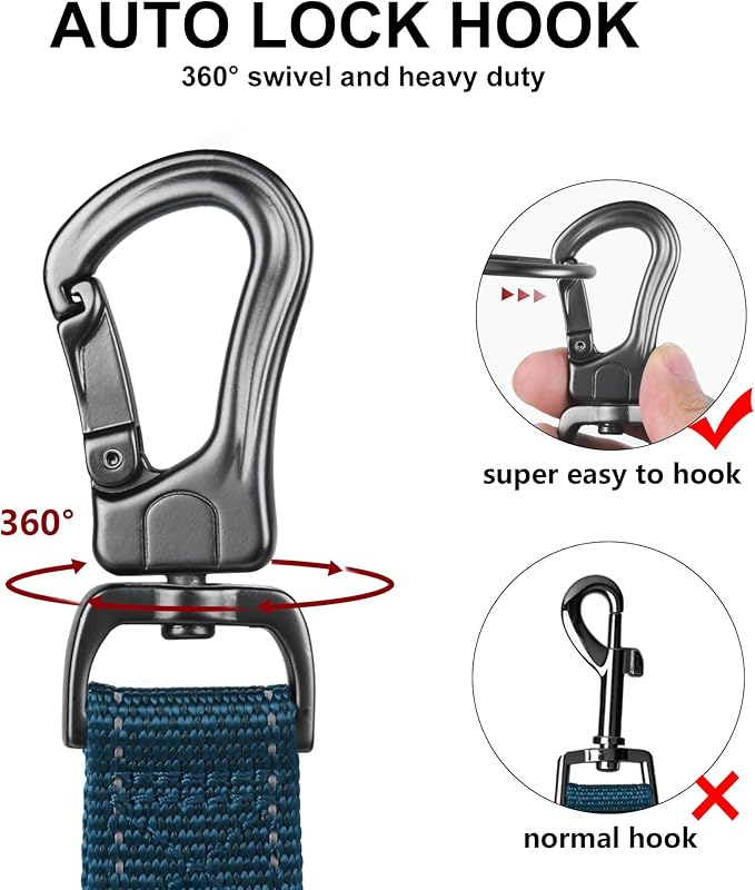 TwoEar 6FT 1IN Strong Blue Dog Leash with 2 Padded Handles, Traffic Handle Extra Control, Comfortable Soft Dual Handle, Auto Lock Hook, Reflective Walking Lead for Small Medium and Large Dogs