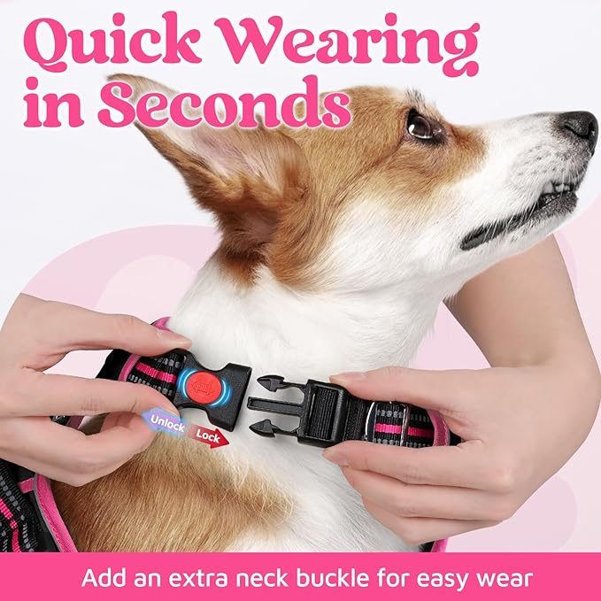 rabbitgoo Dog Harness for Large Dogs, No Pull Pet Vest with 3 Buckles, Adjustable Soft Padded Pet Harness with Easy Control Handle and Reflective Strips, Black & Rose Pink, L