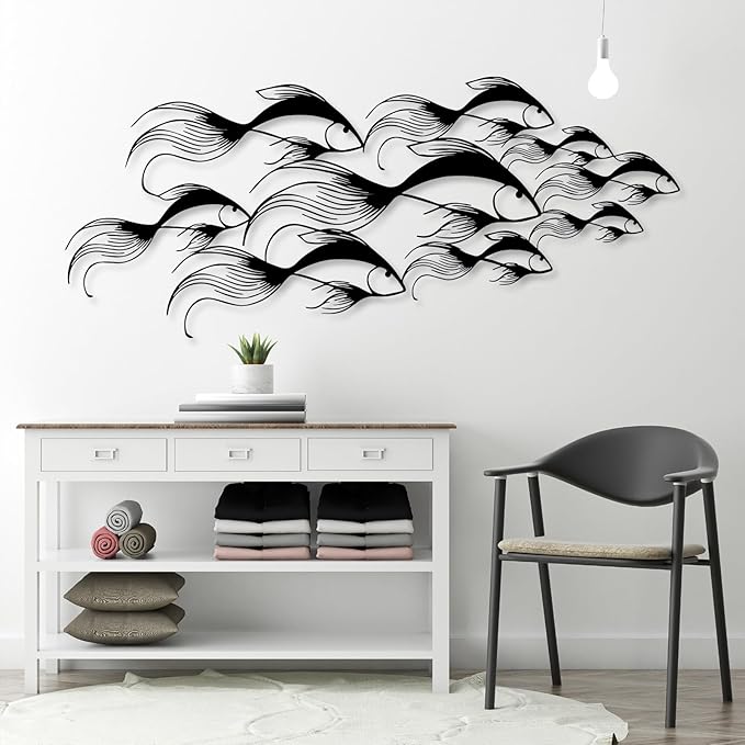 School of Fish Metal Wall Art, Metal Fish Wall Decor, Sea Life Wall Art, Large Nautical Wall Hanging, Modern Beach House Wall Decor, Ocean Themed Artwork for Bathroom (Gold, 35"x15" | 90x38cm)