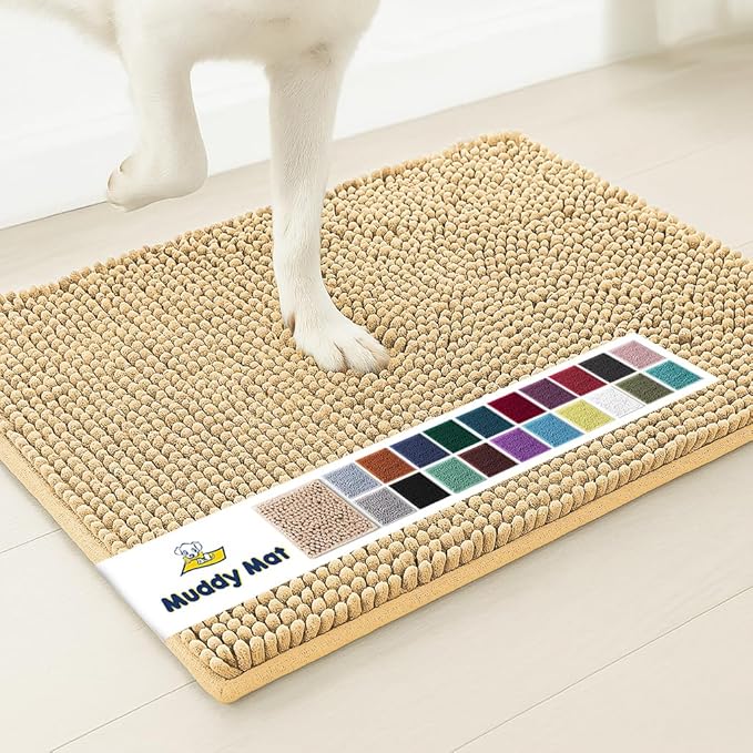 Muddy Mat® AS-SEEN-ON-TV Highly Absorbent Microfiber Door Mat and Pet Rug, Non Slip Thick Washable Area and Bath Mat Soft Chenille for Kitchen Bathroom Bedroom Indoor and Outdoor - Beige 3ft x 8ft
