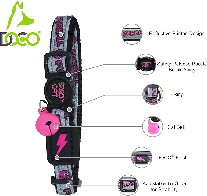 DOCO Cat Collar (Neck Girth - 3/8" x 7.5-12", Weight Upto - 13lb) Reflective Cat Collar with Bell, Breakaway Safety Buckle, Adjustable Nylon Strap for Kittens & Adult Cats (Blue)