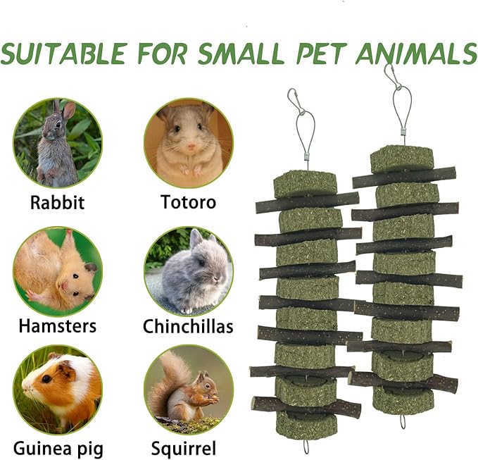Rabbit Chew Toys for Teeth Grinding Bunny Treats 100% Natural Wood Timothy Grass Treats for Guinea Pigs Chinchillas Hamsters 4pcs