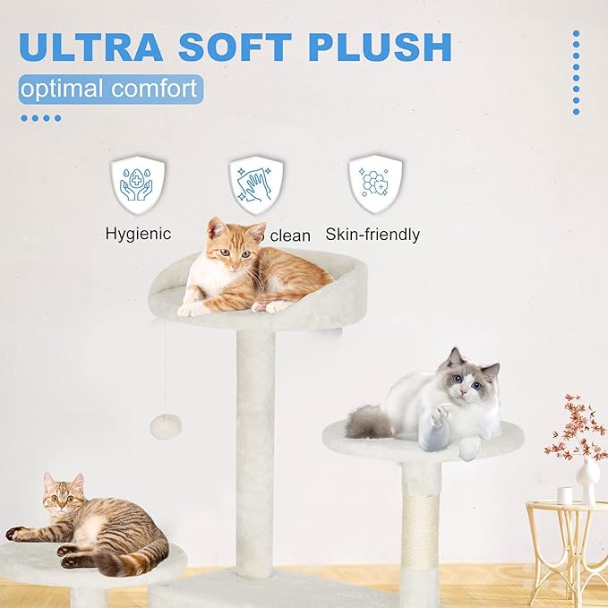 FDW Cat Tree Tower 62in Multi-Level Durable Cat Scratching Post & Cozy Fun Jumping Platform Space Saving Condo Pet Play House for Indoor Cats, Beige
