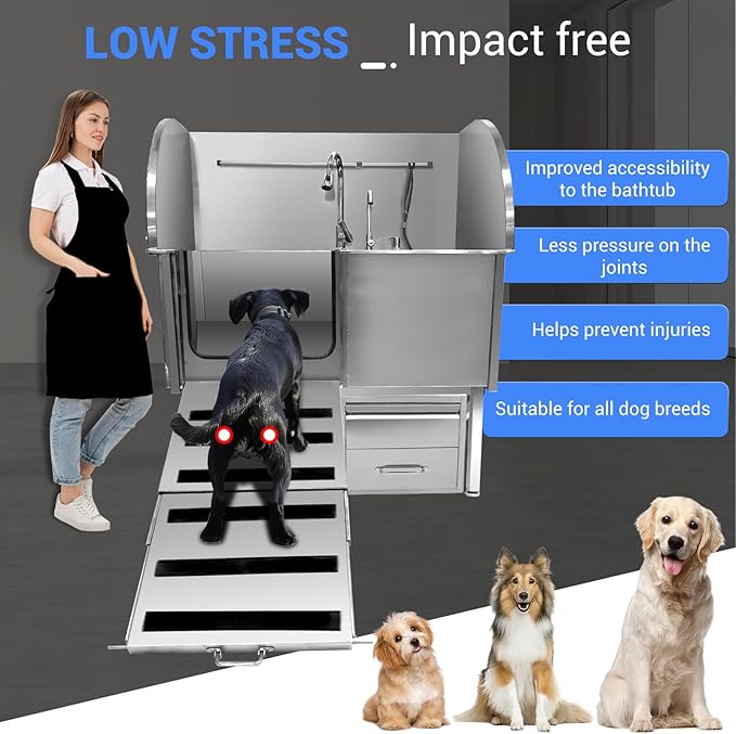 50" Dog Washing Station, Professional Stainless Steel Pet Dog Bathing Station with Ramp, Faucet, Storage Drawer, Floor Grate Dog Bathtub for Large, Medium, Small Pets (Left Ramp)