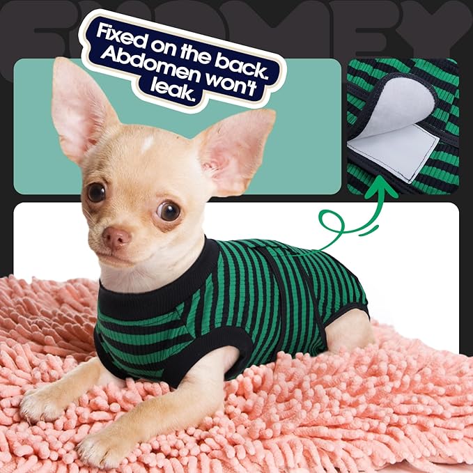 FUAMEY Recovery Suit for Dogs After Surgery,Soft Breathable Dog Bodysuit E-Collar & Cone Alternative Surgical Suit,Male Female Dog Neuter Spay Suits Anti Licking Wounds Onesie Green Black Stripes S