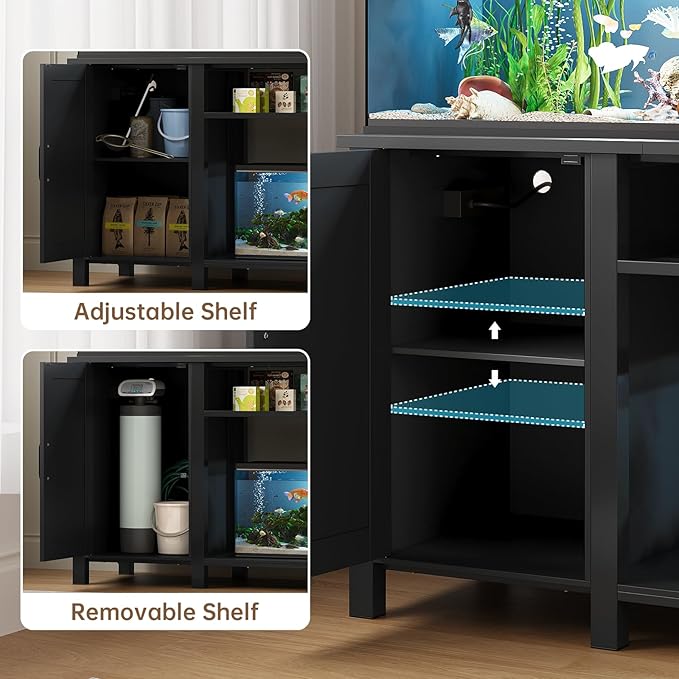 55-75 Gallon Aquarium Stand with Power Outlet, Heavy Duty Fish Tank Stand with Cabinet Storage & Adjustable Shelf, for Fish Tank, Turtle Tank, Reptile Terrarium, 1000LBS Capacity, Black