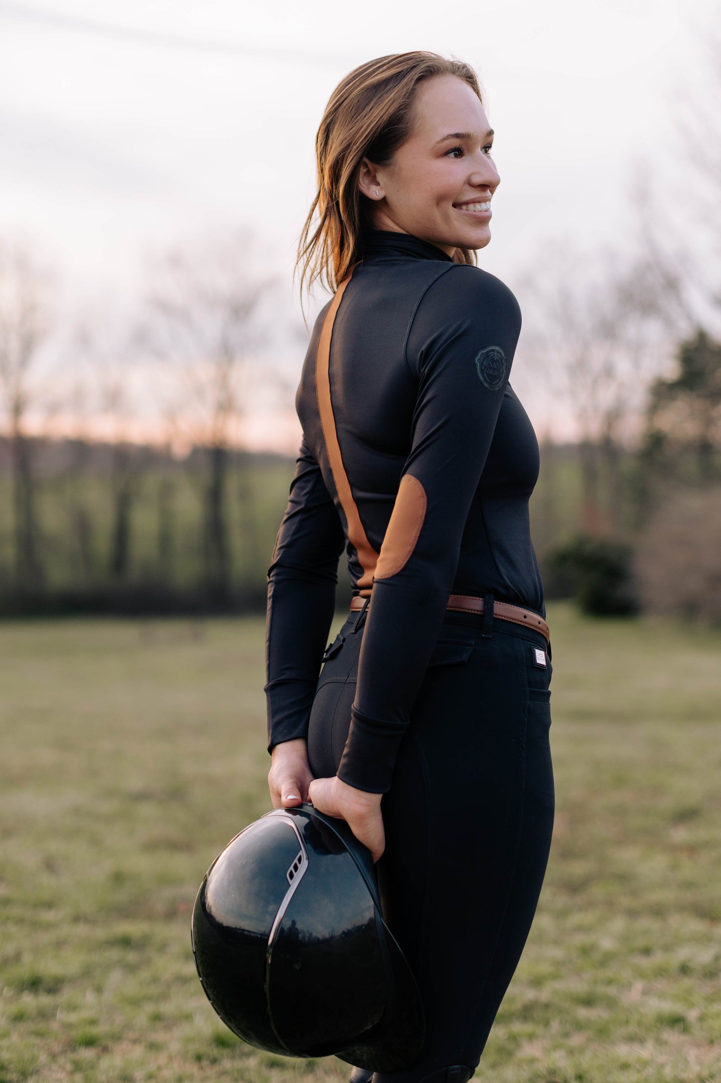 black long sleeve riding shirt with brown sueded accents