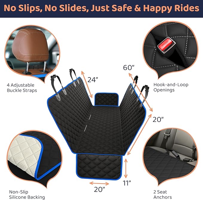 XL Dog Car Seat Cover for Back Seat, Waterproof Hammock for Car, SUV & Truck, Non-Slip Backseat Cover for Dogs, Heavy-Duty Dog Hammock Style Seat Protector Pets, Easy to Install & Clean