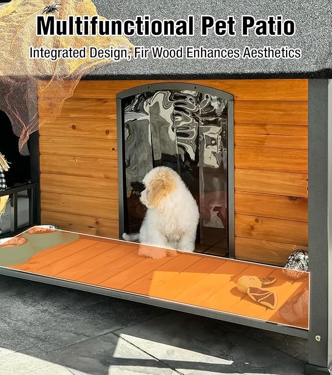 Gutinneen Large Dog House Outdoor with Strength Metal Frame, Outside Dog House with Waterproof Roof, PVC Curtain, Fir Wood Patio, Design for Small & Medium & Large Dogs