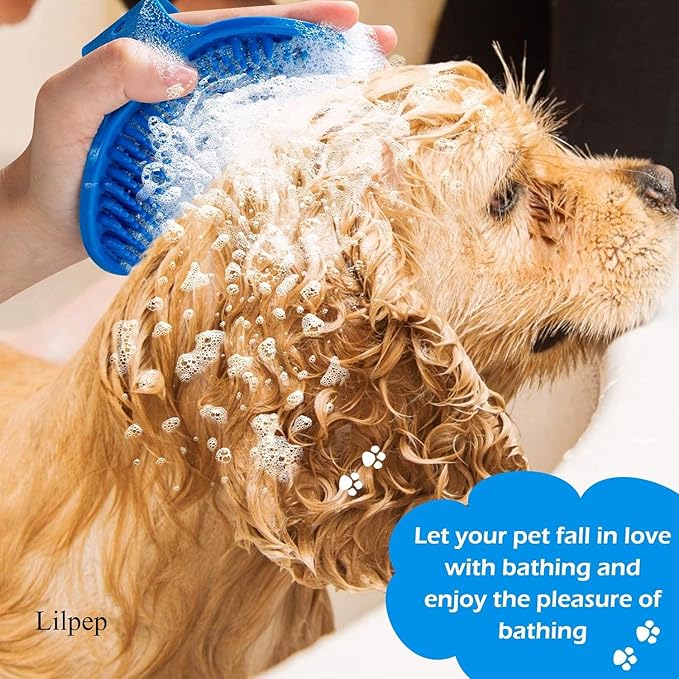 Dog Grooming Brush, Lilpep Pet Shampoo Bath Brush Soothing Massage Rubber Comb with Adjustable Ring Handle for Long Short Haired Dogs and Cats (Blue, pack of 1)
