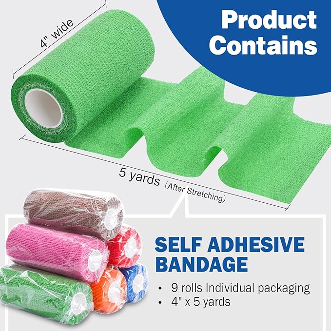 AZEN 9 Pack Self Adhesive Bandage Wrap, 4" X 5 Yards Elastic Cohesive Bandage Wrap, Color Athletic Tape, Tattoo Grip Tape Wrap, Vet Wrap, Ankle Tape