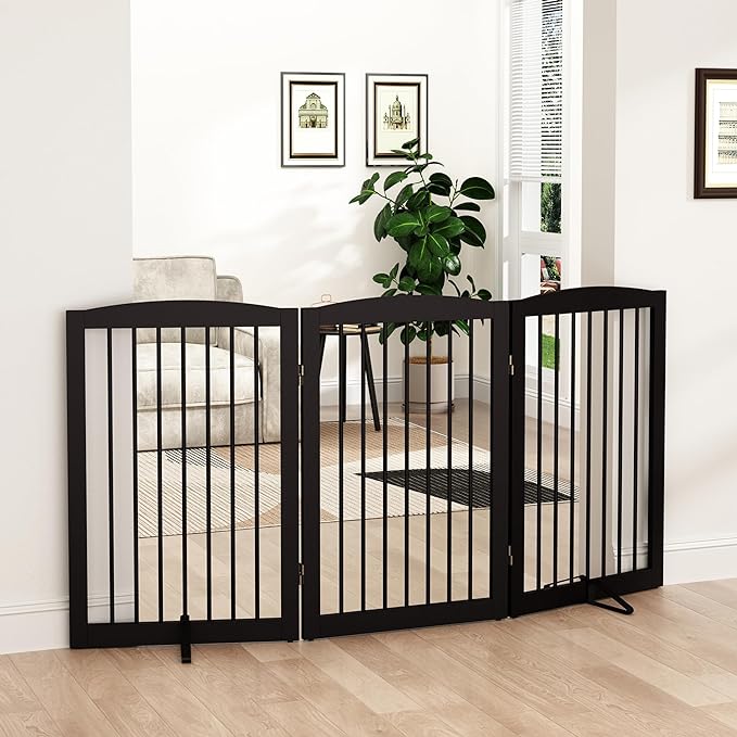 Freestanding Pet Gate for Dogs, Foldable Wooden Dog Gate for House Indoor, Tall Pet Fence for Stair, Doorway,Hall, Support Feet Included, 3 Panels 32",Brown