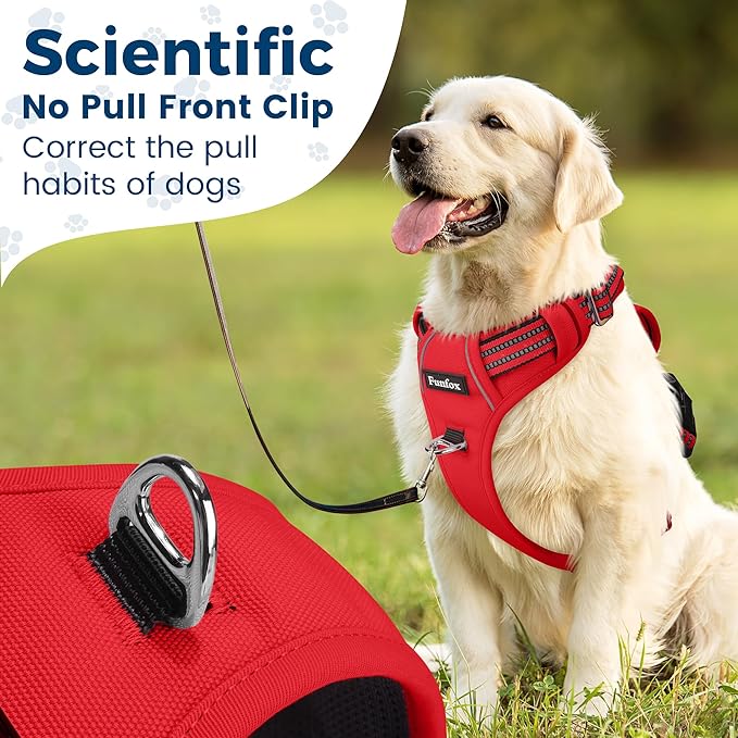 Funfox Dog Harness No Pull, Adjustable Pet Vest Harness, Super Soft Material with Vertical Handle Easy Control, Reflective Night Walking, 2 Leash Clips for XLarge Dogs, Red, XL